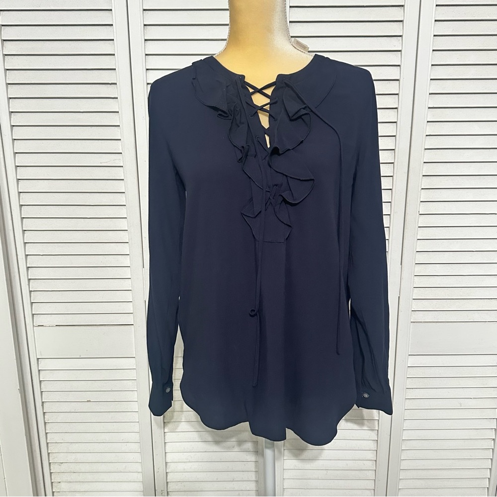 Ann Taylor Loft Navy Blouse with Lace-Up and Ruffle Details